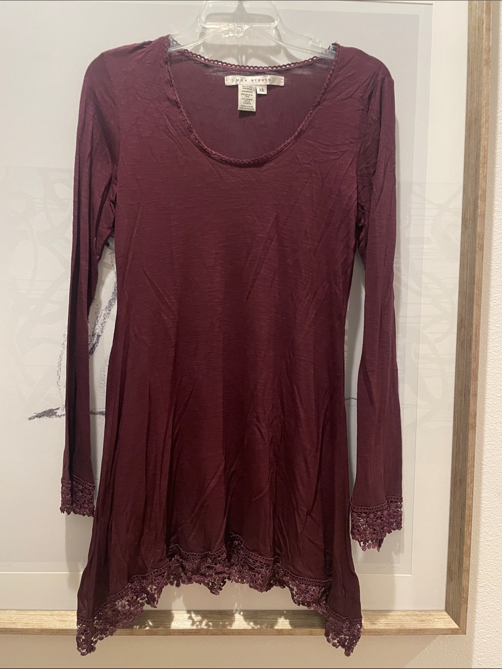 Max studio Long Sleeve Lace Trim Tunic - Wine